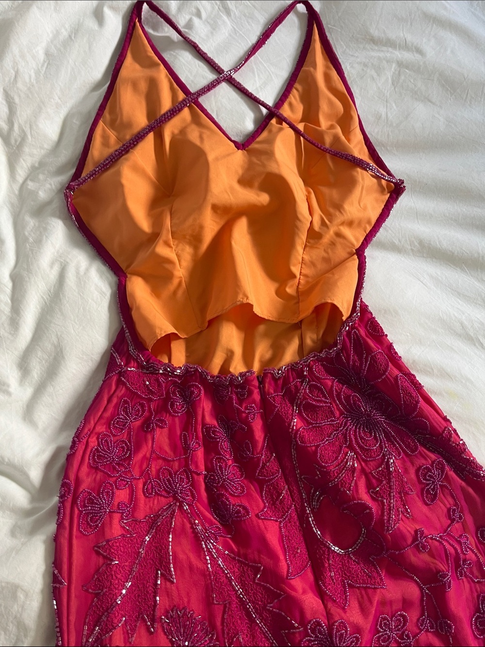 Cache vintage Y2K silk magenta hot pink orange beaded maxi dress open back - Picture 11 of 16